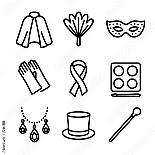 Performer Costume Icons. Outline icon set of performer costume props: cape, feather fan, sequined mask, opera gloves, ribbon sash,
