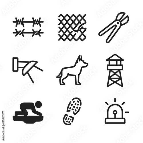 Perimeter Breach Icons. Outline icon set of perimeter breach scenes: barbed wire, fence cut, bolt cutters, spotlight, guard dog,