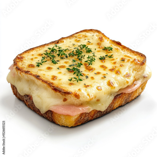 Delicious croque monsieur with melted cheese and herbs