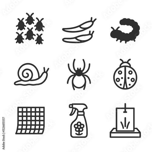 Pest Control Icons. Outline icon set of pest control: aphid cluster, slugs, caterpillar, snail, spider mite, ladybug, netting,