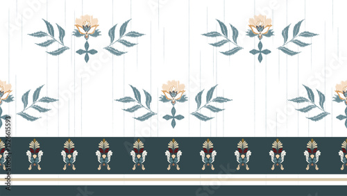 Green leaves and pink flower on white ethnic ikat texture  design. textile fashion pattern line ikat seamless pattern and batik fabric texture asian background wallpaper geometry indian. 
