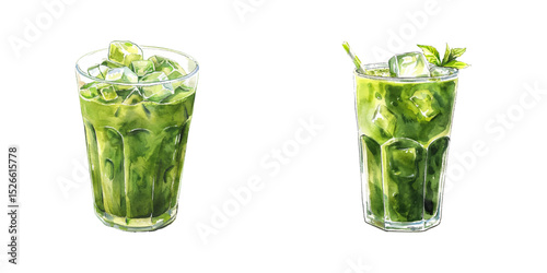 matcha latte ice watercolor vector illustration