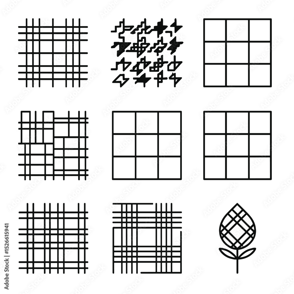 Fototapeta premium Plaid Pattern Icons. Outline icon set of tartan and plaid patterns: school tartan, gunclub check, houndstooth, windowpane, madras