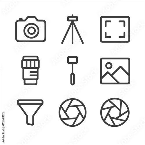 Photography Icons Collection. Outline icon set of photo hotspots tour: camera, tripod, viewfinder, zoom lens, selfie stick, scenic