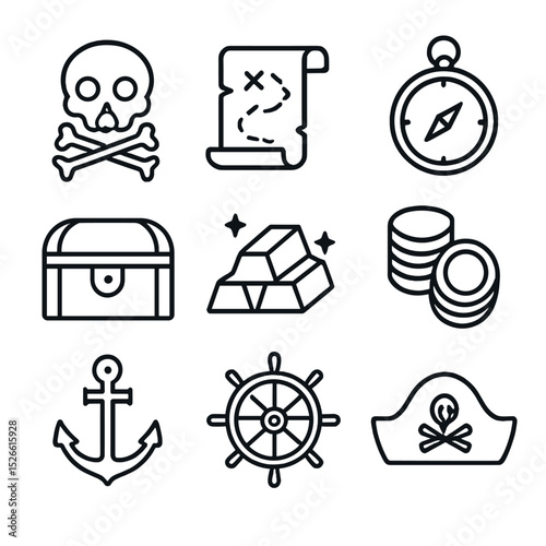 Outline Pirate Treasures. Outline icon set of pirate treasure: skull and crossbones, map, compass, treasure chest, gold, coins,