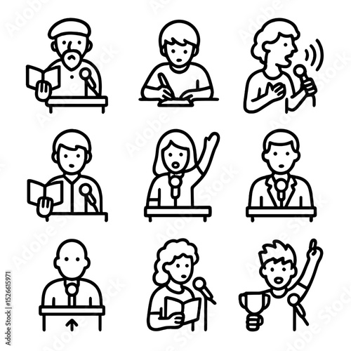 Poetry Reader Icons. Outline icon set of poetry reader personas: seasoned poet, emerging writer, spoken word artist, student