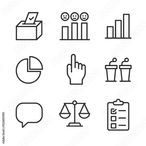 Political Icons Grid. Outline icon set of Political sentiment gauges: ballot box, opinion poll chart, bar graph, pie chart, voting
