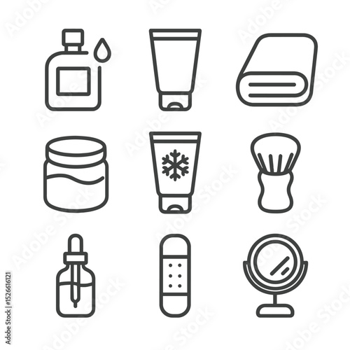 Post-Shave Care Icons. Outline icon set of post-shave care: aftershave splash, moisturizer tube, towel, soothing balm, cooling gel