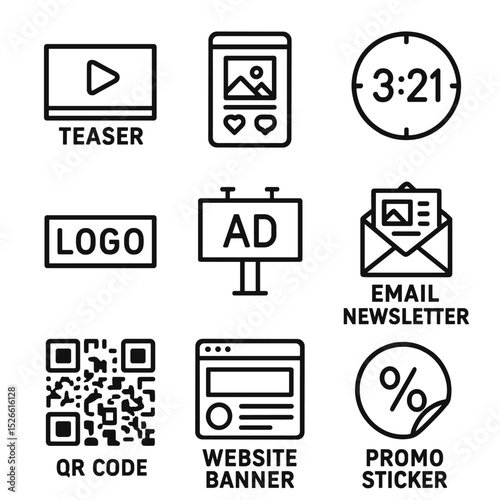 Pre-Show Promotion Icons. Outline icon set of pre-show promotion: teaser trailer, social media post, countdown clock, sponsor logo
