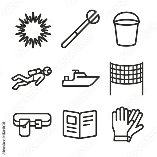 Predator Management Icons. Outline icon set of predator management: crown-of-thorns starfish, removal tongs, bucket, diver, boat,