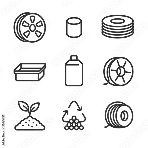 3D Printing Icons. Outline icon set of printing materials: PLA spool, ABS slug, TPU filament coil, resin vat, powder cartridge,