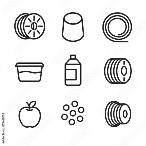 3D Printing Icons. Outline icon set of printing materials: PLA spool, ABS slug, TPU filament coil, resin vat, powder cartridge,