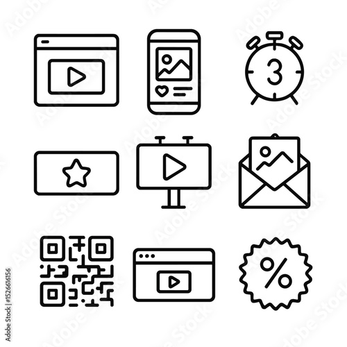 Pre-Show Promotion Icons. Outline icon set of pre-show promotion: teaser trailer, social media post, countdown clock, sponsor logo