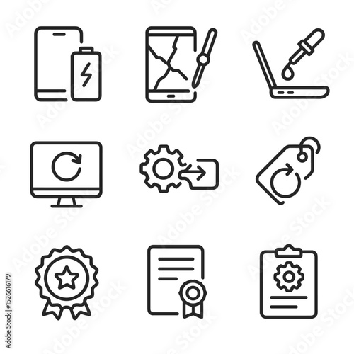 Product Service Icons. Outline icon set of product life-extension services: battery replacement, screen repair, hinge oiling,