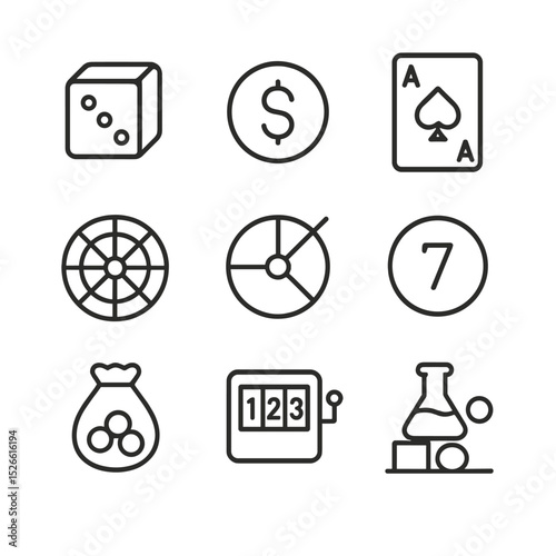 Probability Experiment Icons. Outline icon set of probability experiments: dice roll, coin flip, deck of cards, roulette wheel,