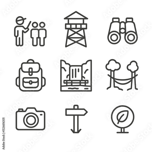 Rainforest Icon Set. Outline icon set of rainforest ecotourism highlights: guided tour group, canopy tower, binoculars, backpack,