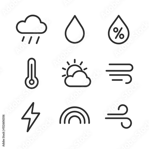 Rainforest Weather Icons. Outline icon set of rainforest climate and weather patterns: rain cloud, downpour drop, humidity droplet