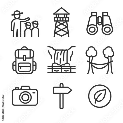 Rainforest Icon Set. Outline icon set of rainforest ecotourism highlights: guided tour group, canopy tower, binoculars, backpack,