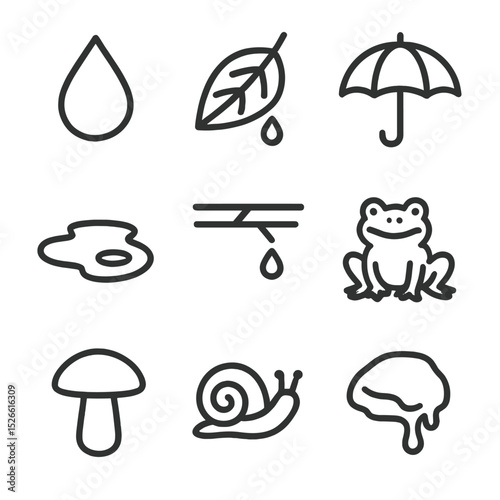 Rainy Forest Icons. Outline icon set of rainy mist forest: raindrop, wet leaf, umbrella, puddle, dripping branch, frog, mushroom,