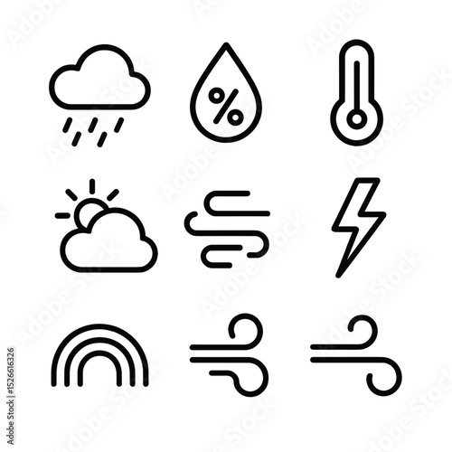 Rainforest Weather Icons. Outline icon set of rainforest climate and weather patterns: rain cloud, downpour drop, humidity droplet