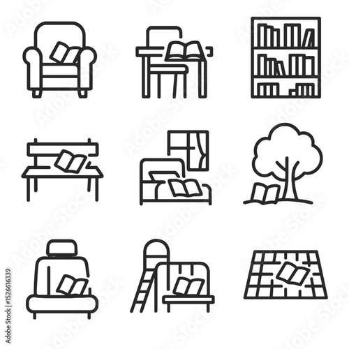 Reading Icon Set. Outline icon set of reading environments: cozy armchair, classroom desk, library shelves, park bench, bedroom