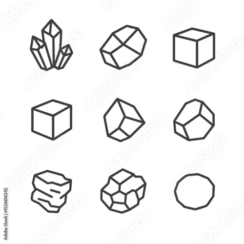 Raw Mineral Icons. Outline icon set of raw material minerals: quartz crystal, calcite piece, gypsum block, halite cube, dolomite