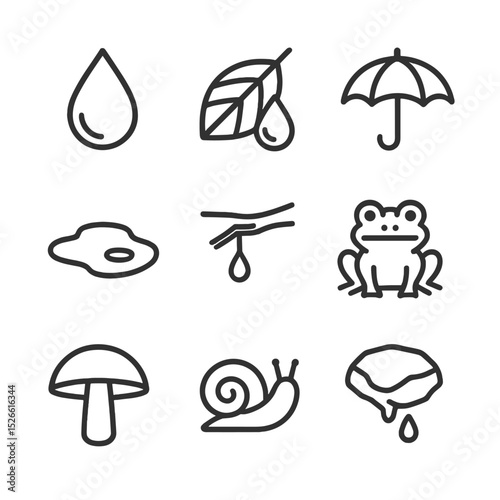 Rainy Forest Icons. Outline icon set of rainy mist forest: raindrop, wet leaf, umbrella, puddle, dripping branch, frog, mushroom,