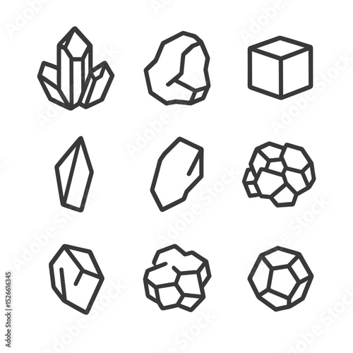 Raw Mineral Icons. Outline icon set of raw material minerals: quartz crystal, calcite piece, gypsum block, halite cube, dolomite