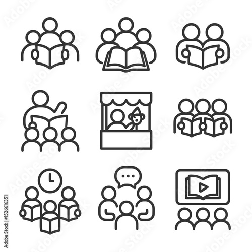 Reading Activities Icons. Outline icon set of group reading activities: book club, reading circle, paired reading, storytelling