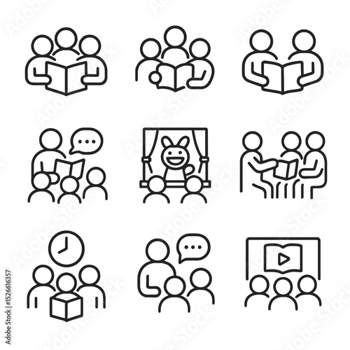 Reading Activities Icons. Outline icon set of group reading activities: book club, reading circle, paired reading, storytelling