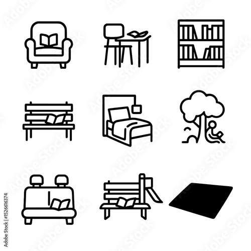 Reading Icon Set. Outline icon set of reading environments: cozy armchair, classroom desk, library shelves, park bench, bedroom