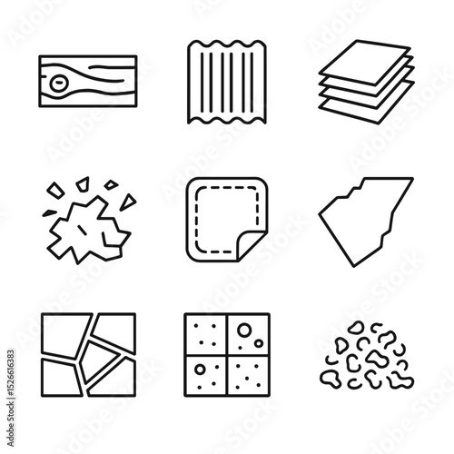 Recycled Material Icons. Outline icon set of recycled material textures: reclaimed wood plank, corrugated sheet, recycled paper