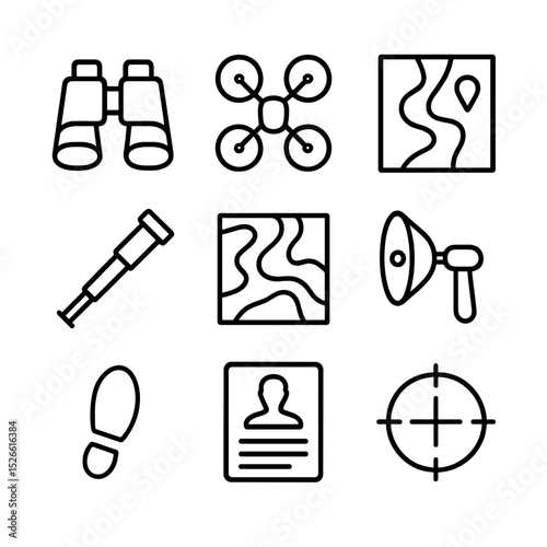 Recon Mission Icons. Outline icon set of reconnaissance mission planning: binoculars, drone silhouette, satellite image, spyglass,