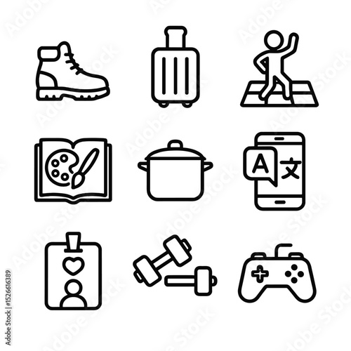 Rebound Activities Icons. Outline icon set of rebound activities: hiking boot, travel suitcase, dance floor, new hobby book,