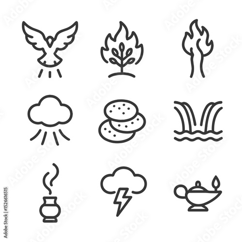 Religious Omens Icons. Outline icon set of religious omens: dove descent, burning bush, pillar of fire, voice from sky, manna