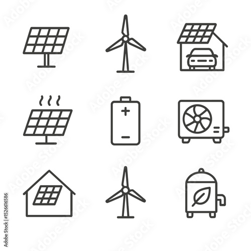 Renewable Energy Icons. Outline icon set of renewable energy integration: solar panel, wind turbine, photovoltaic garage, solar