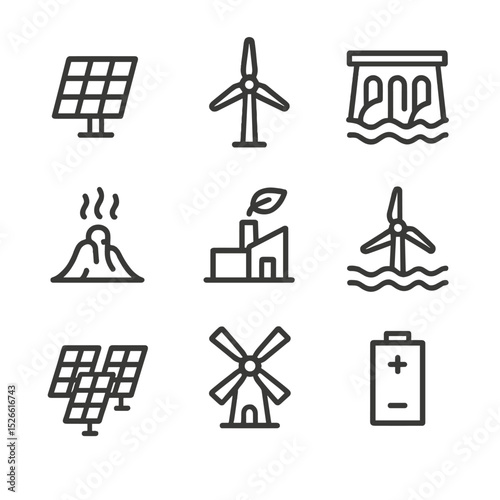 Renewable Energy Icons. Outline icon set of renewable energy sources: solar panel, wind turbine, hydro dam, geothermal vent,