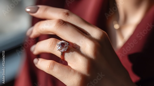 Elegant diamond and ruby engagement ring worn on a woman's hand with manicured nails in focus