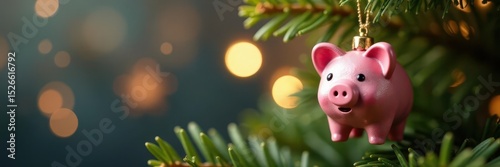 Miniature piggy bank ornament hangs on Christmas tree branch Sparkling bokeh background , sparkle, macro, tree