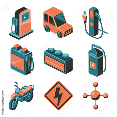vector icons to vehicle fueling and charging a gasoline pump, an electric vehicle plug hydrogen mole