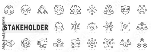 Set of stakeholder tech related line icons. Partnership, company, team, emploee etc. Editable stroke. Set 3