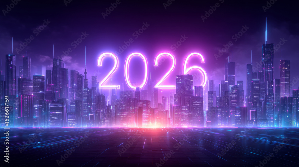 Obraz premium Futuristic city skyline backdrop with bright neon Happy 2026