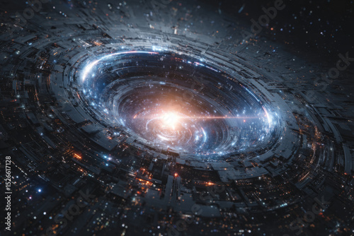 Futuristic hyperspace gateway filled with digital circuitry and light flares