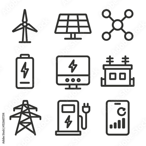 Renewable Energy Icons. Outline icon set of renewable energy integration: wind turbine, solar farm, microgrid node, battery