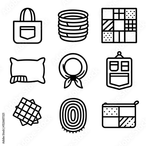 Repurposed Textile Icons. Outline icon set of repurposed textile products: denim tote, t-shirt yarn basket, fabric scrap quilt,