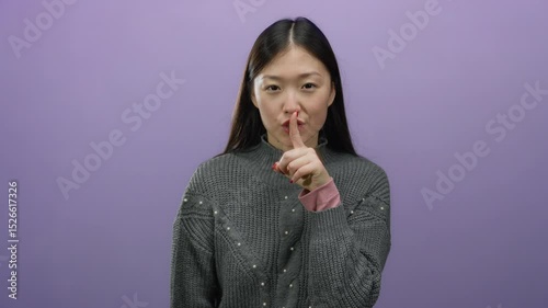 Woman signaling silence with finger on lips, standing against an isolated purple background, highlighting her beauty and asian ethnicity in a calm pose.