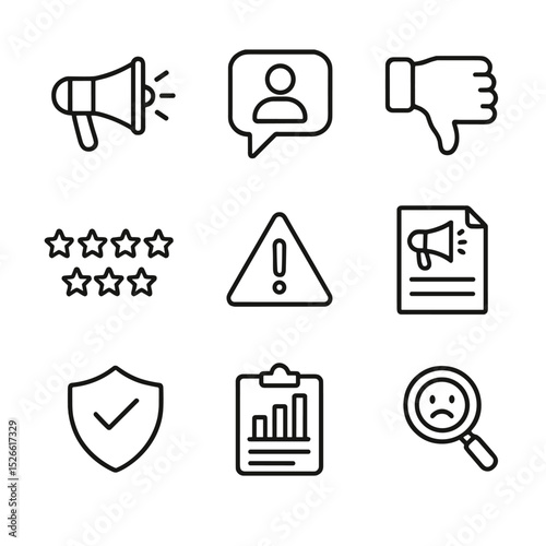 Reputation Risk Icons. Outline icon set of reputational risk control: megaphone, social media bubble, thumbs down, star rating,
