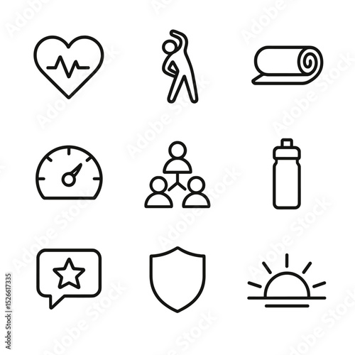 Resilience Icon Set. Outline icon set of resilience and well-being: heart pulse, stretching break, meditation mat, stress gauge,