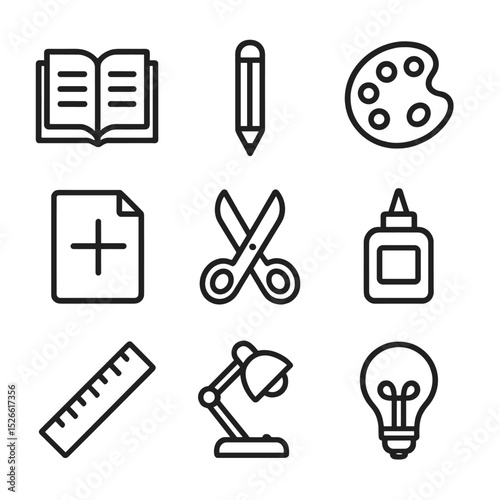 Resource Co-Creation Icons. Outline icon set of resource co-creation: open book, pencil, paint palette, document with plus,