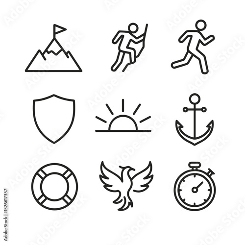 Resilience Icon Set. Outline icon set of resilience and perseverance: mountain peak, climbing figure, marathon runner, shield,